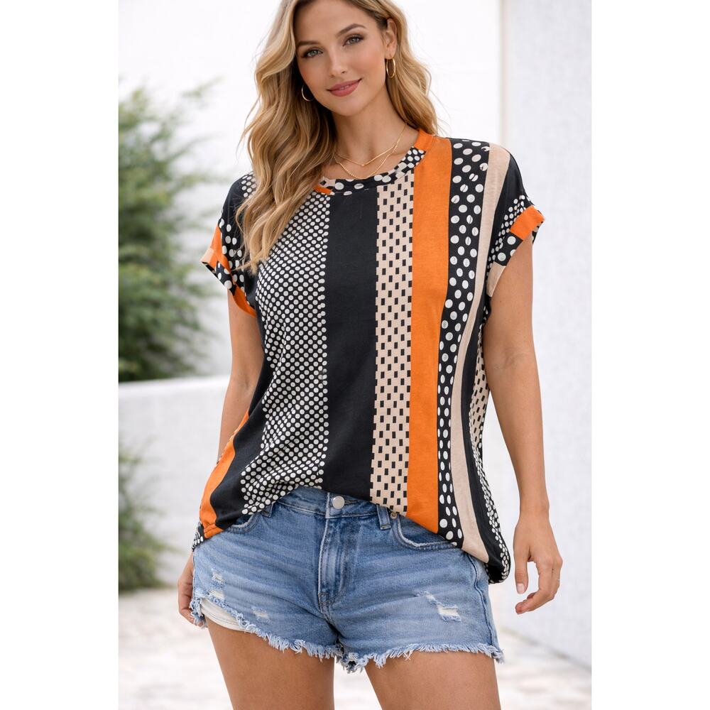 Abstract Polka Dot Colorblock Top Women’s Large Orange Black Stretch Blouse
